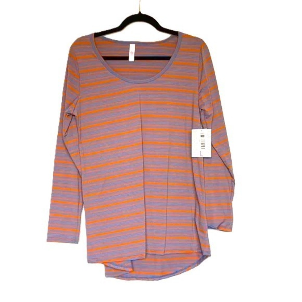 LuLaRoe Lynnae Size Large Long Sleeve Top Orange Blue Striped Scoop Neck T-